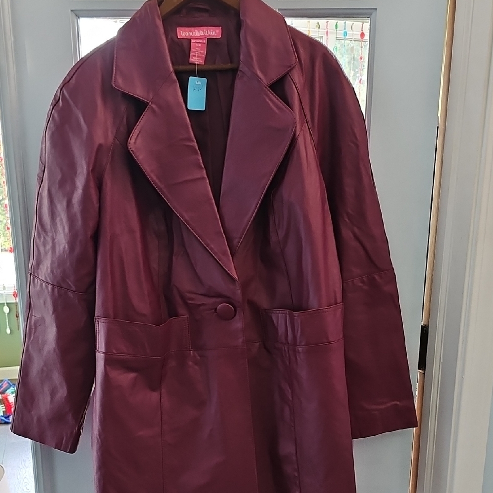 Leather Coat Woman Within Rich Burgundy Maroon Long Size 14 Retro Outwear Knee